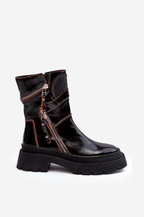 Damskie Lakierowane Skórzane Botki Z Suwakami Maciejka 06238-18 Czarne