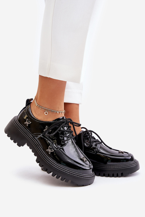 Lakierowane Półbuty Damskie Z Ozdobami Skóra Naturalna Artiker 55C1011 Czarne