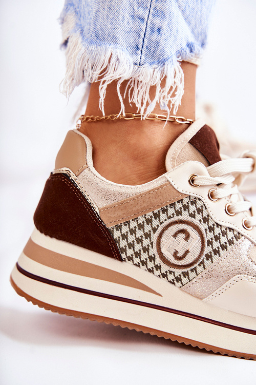 Modne Buty Sportowe Damskie Na Koturnie Beżowo-Brązowe Aronne