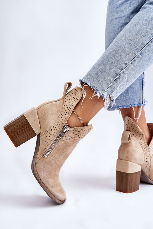 Zamszowe Botki Na Masywnym Obcasie Jasnobeżowe Camden