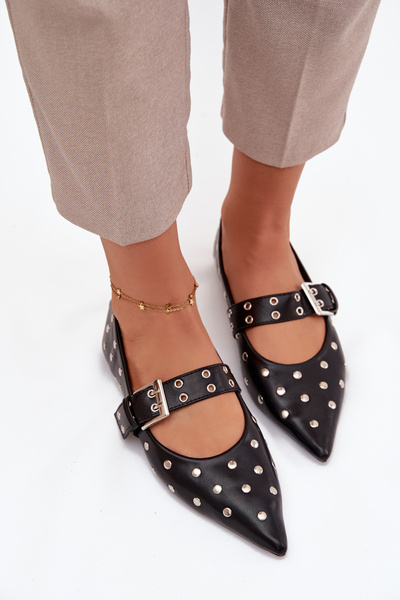 Baleriny Z Dżetami I Klamrą Eko Skórzane Czarne Arlenne