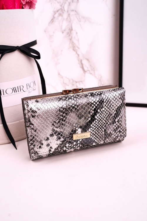 Średni Skórzany Portfel Damski PATRIZIA Lakierowany Szary