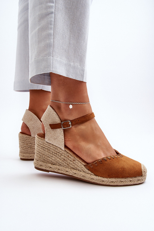 Zamszowe Sandały Espadryle Na Koturnie Z Plecionką Camel Raylin