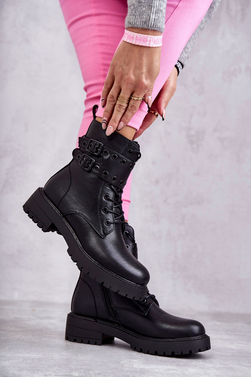 Damskie Skórzane Ocieplane Botki Czarne Silvor