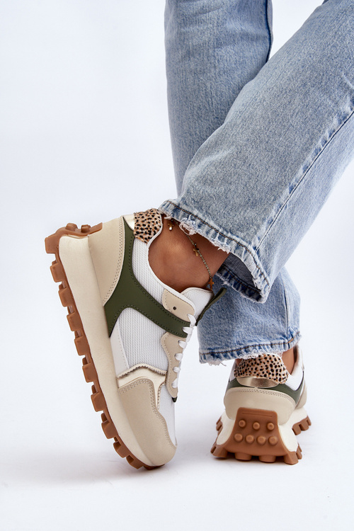 Sneakersy Buty Sportowe Damskie Beżowo-Zielone Ralita