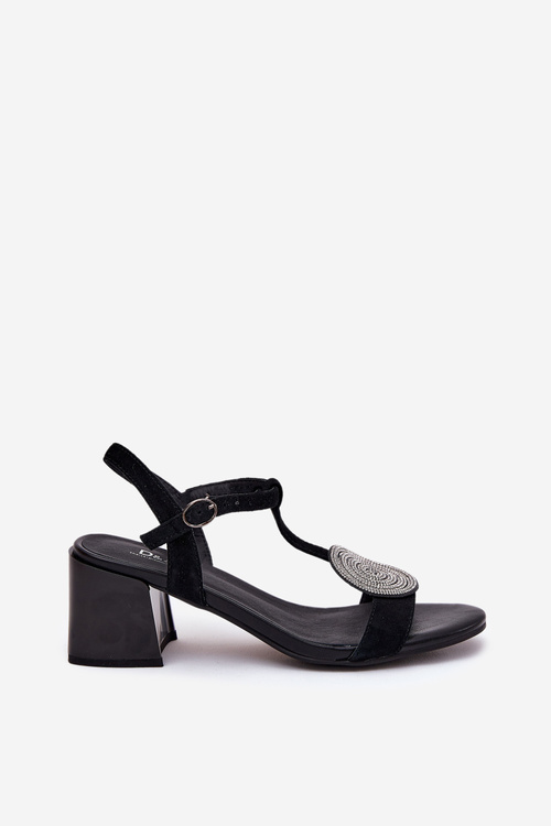 Skórzane Sandały Na Słupku Z Ozdobą D&A JC51-842 Czarne
