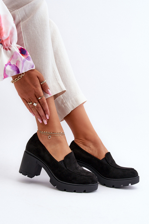 Półbuty Damskie Eko Zamszowe Na Obcasie i Platformie Czarne Arablosa