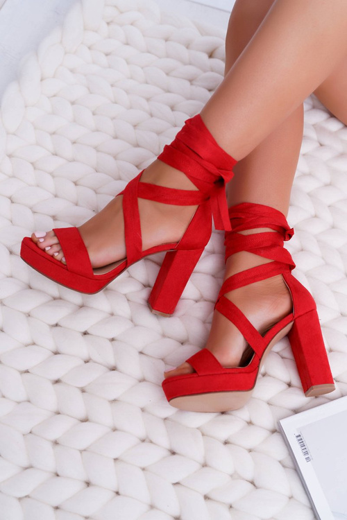 Sandały Damskie Na Słupku Platforma Wiązane Czerwone LaFiesta