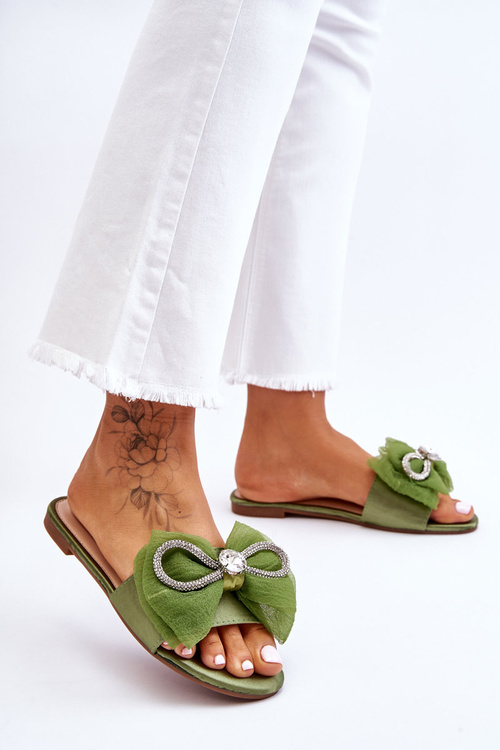 Damskie Klapki Z Kokardą I Cyrkoniami Zielone Jolene