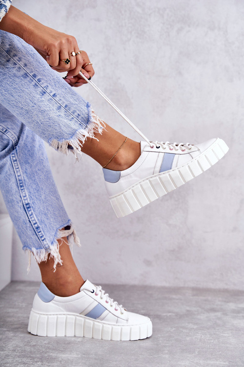 Damskie Skórzane Buty Sportowe Wiązane Biało-Niebieskie Ariva