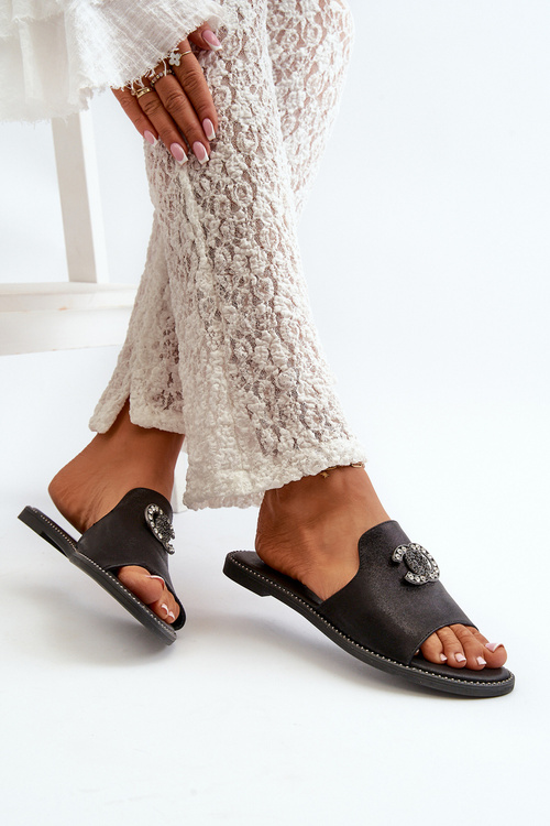 Eleganckie Klapki Damskie Błyszczące Z Ozdobą S.Barski KV27-050 Czarne