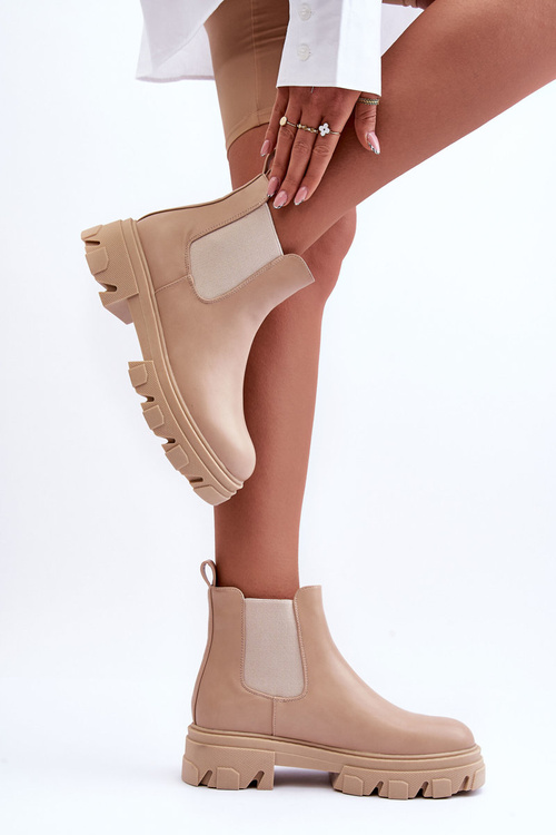 Skórzane Niskie Botki Sztyblety Beżowe Alcanassa