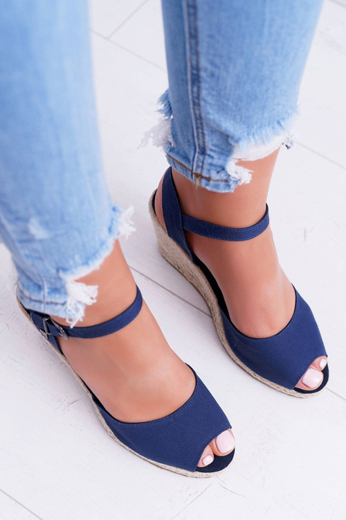 Sandały Damskie Na Plecionej Koturnie Big Star Granatowe DD274A212