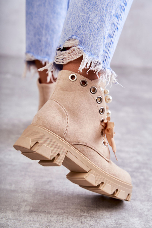 Zamszowe Ocieplane Botki Z Perłami Beżowe Roco