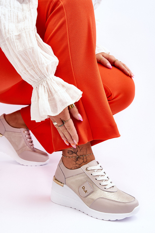 Damskie Skórzane Sneakersy Na Koturnie Złote Beatris