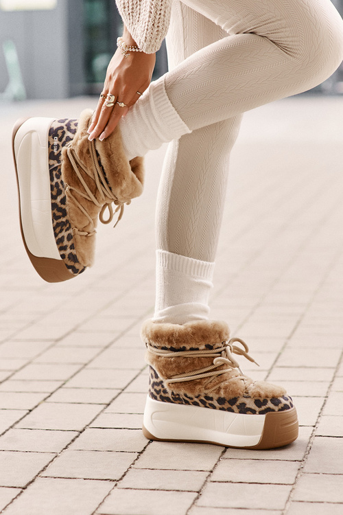 Skórzane Śniegowce Damskie Na Grubej Podeszwie Z Futerkiem Panterka Big Star OO274A208 Brązowe