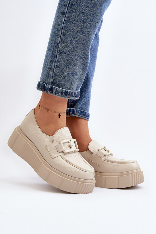 Zazoo 20101 Modne Skórzane Półbuty Na Platformie Jasnobeżowe