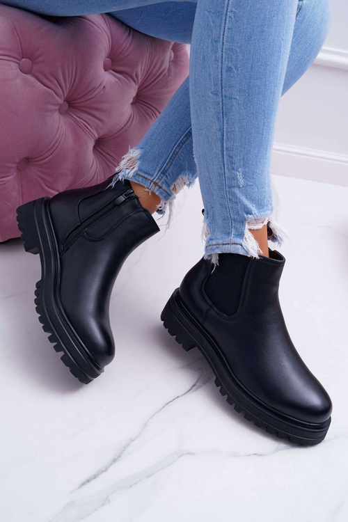 Botki Damskie Płaski Obcas Ciepłe Czarne Orion