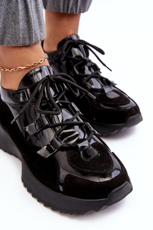 Skórzane Lakierowane Buty Sportowe Damskie M01/2 Zazoo Czarne