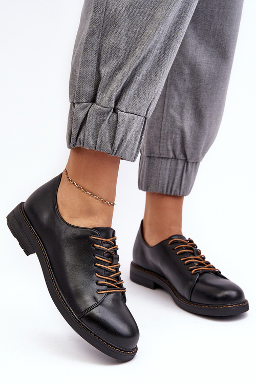 Sznurowane Skórzane Damskie Półbuty Czarne Nakera