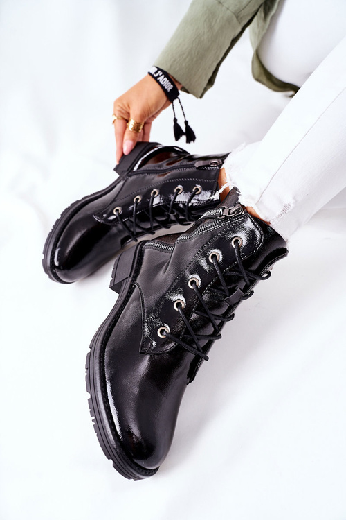 Botki Damskie Workery Lakierowane Czarne Goorey