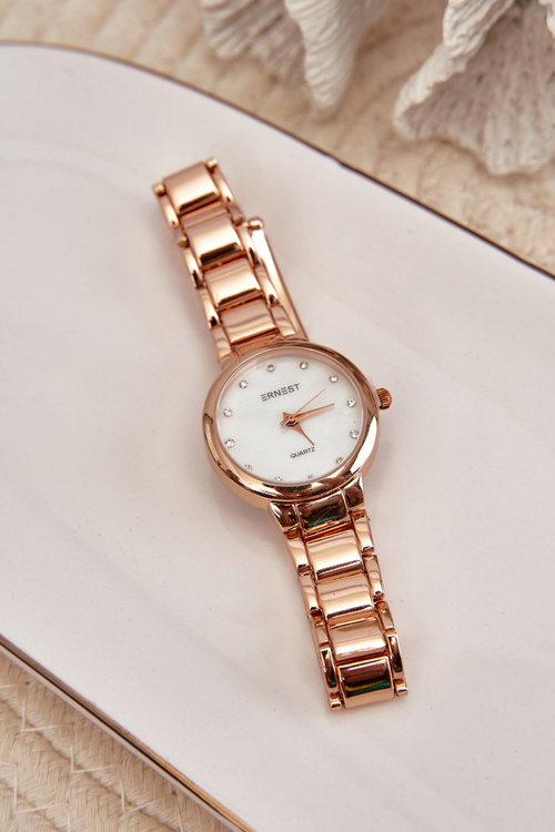 Zegarek Damski Na Bransolecie Z Cyrkoniami Różowe Złoto ERNEST E87006