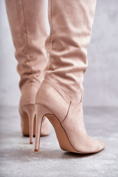 Klasyczne Zamszowe Kozaki Na Szpilce Beżowe Ameya