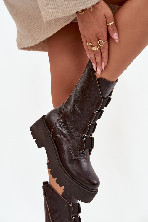 Botki Damskie Z Naturalnej Skóry Na Platformie Zazoo 3795 Czekoladowe