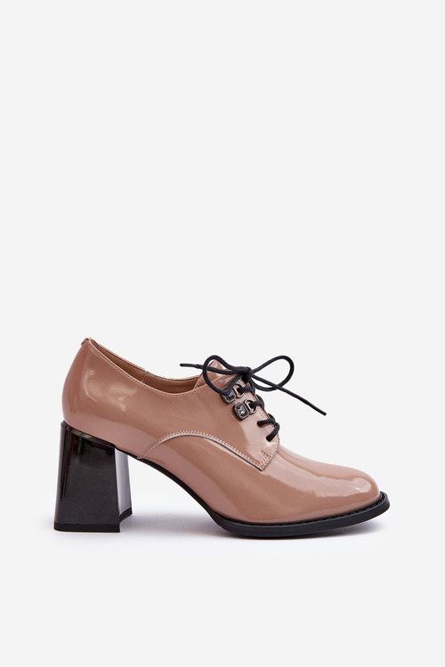 Półbuty Damskie Lakierowane Na Słupku Beżowe Nelione