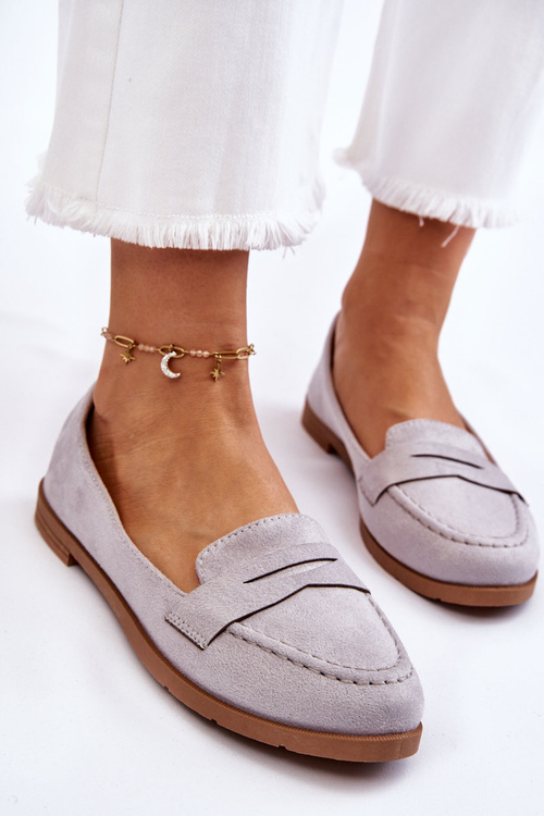 Wygodne Zamszowe Damskie Mokasyny Szare Lucca