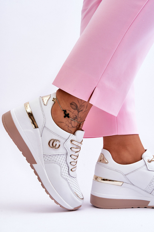 Damskie Skórzane Buty Sportowe Na Koturnie Biało-Złote Rebeca