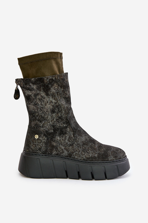 Skórzane Botki Damskie Na Masywnej Platformie Maciejka 06766-09 Khaki