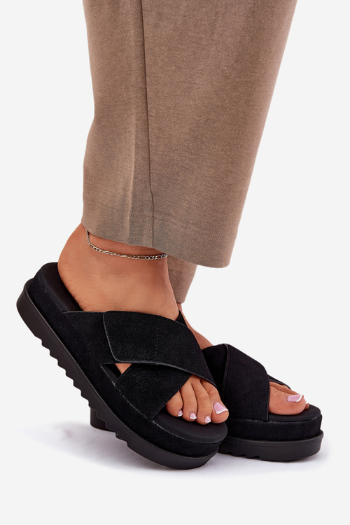 Klapki Damskie Na Platformie Z Przeplatającymi Się Paskami Czarne Rinasara