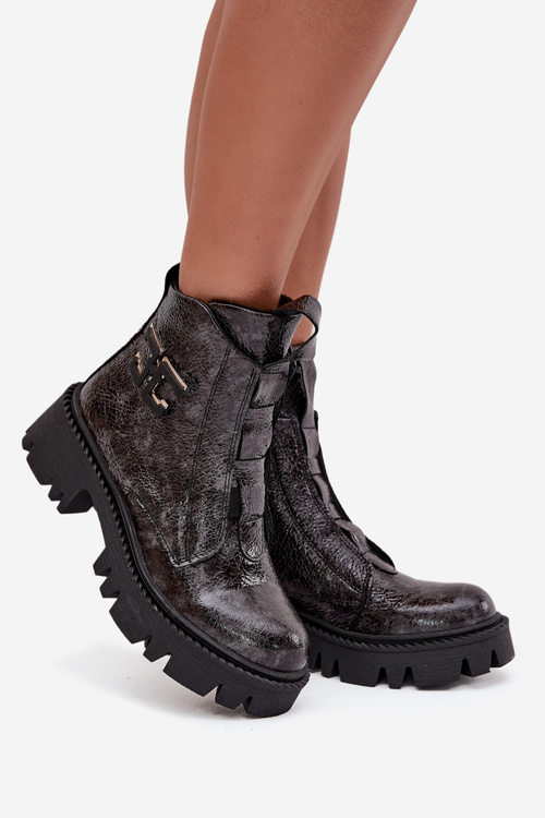 Skórzane Lakierowane Botki Damskie Z Ozdobą Ocieplane Artiker 57C2081 Grafitowe