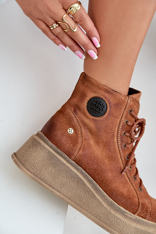 Zamszowe Botki Na Masywnej Platformie Maciejka 06309-29 Brązowe