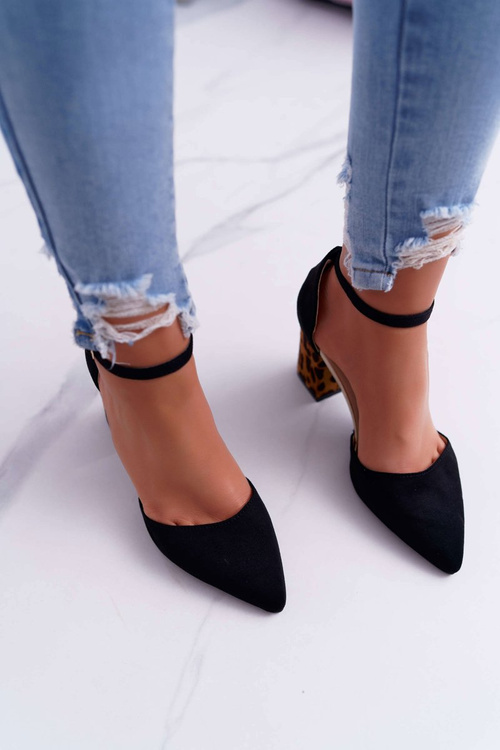 Czółenka Damskie Na Słupku Panterki Czarne Ferri