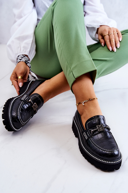 Skórzane Półbuty Wężowe Z Ozdobą Czarne Adison