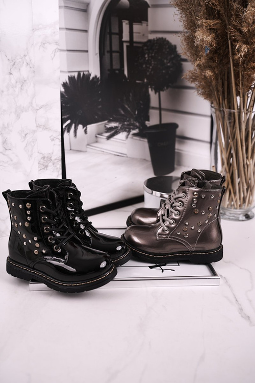 Dziecięce Ocieplane Botki z Dżetami Lakierowane Szare Fame