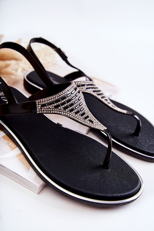 Damskie Sandały Japonki Z Ozdobami Czarne Atlanta