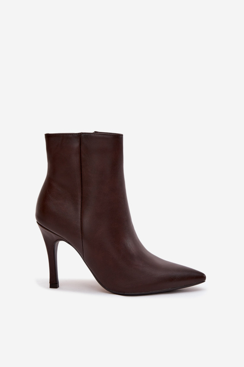 Ocieplane Botki Damskie Na Szpilce Eko Skórzane Czekoladowe Nolisse