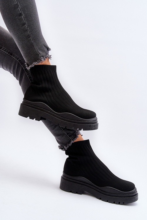 Skarpetkowe Botki Na Masywnej Podeszwie Wsuwane Damskie Czarne Elipara