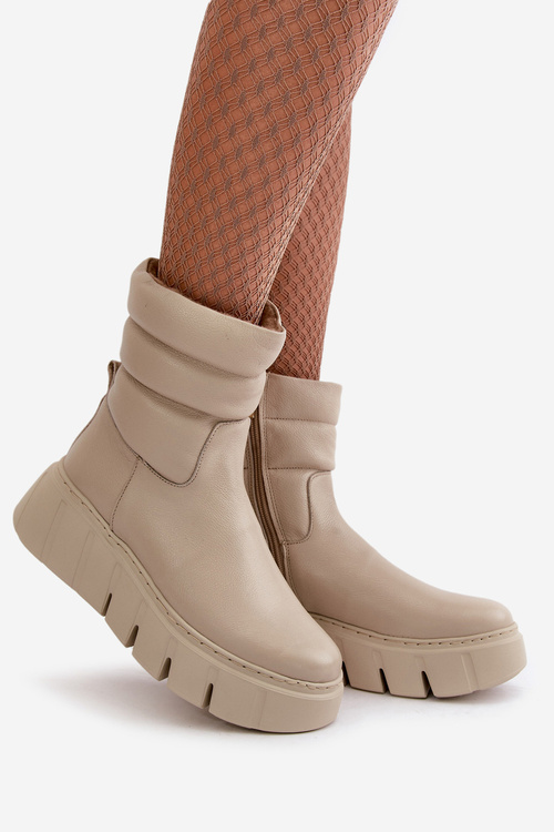 Zazoo 60512 Botki Damskie Skórzane Na Zamek Ocieplane Filcem Jasnobeżowe