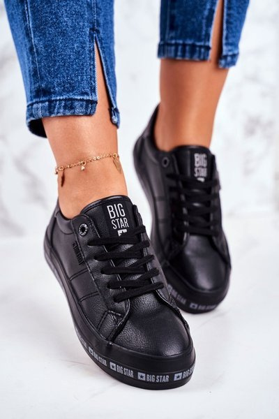 Damskie Skórzane Tenisówki Logowana Podeszwa Big Star GG274193 Czarne