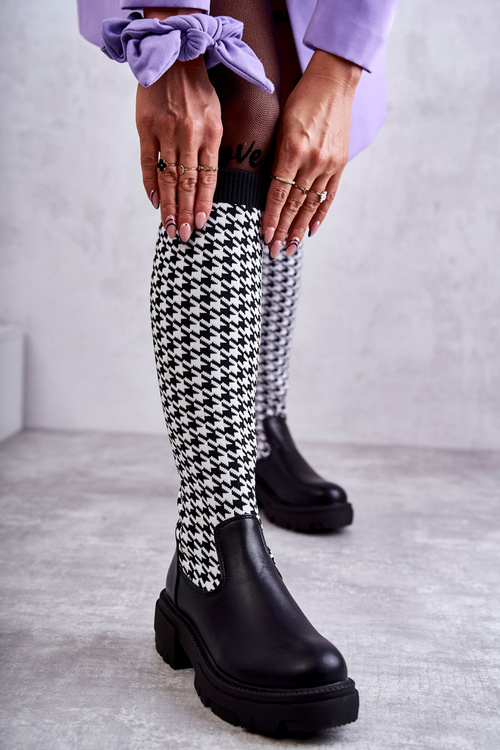 Damskie Kozaki Skarpetkowe W Pepitkę Czarno-Białe Avira