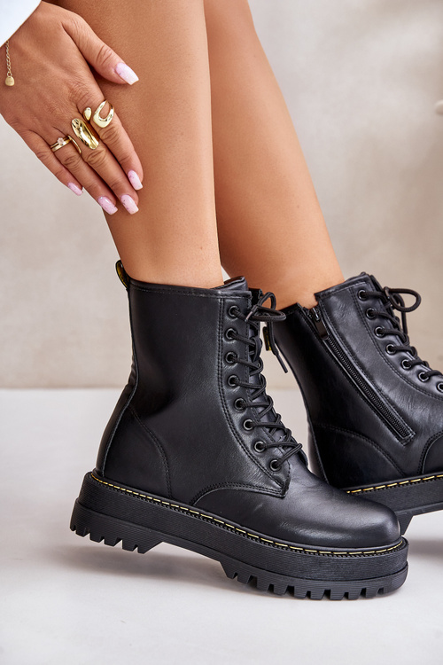 Ocieplane Botki Workery z Eko Skóry Na Zamek Czarne Naleli