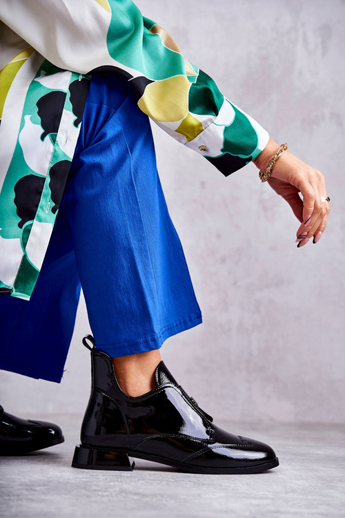 Lakierowane Niskie Botki Na Suwak Czarne Bettina