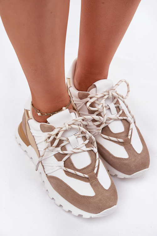 Skórzane Półbuty Sneakersy Damskie Artiker 56C1738 Beżowo-Złote