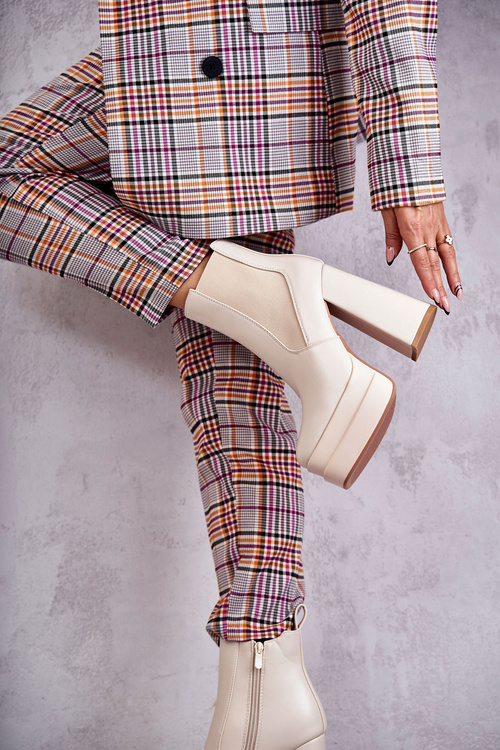 Damskie Skórzane Botki Na Masywnym Obcasie Beżowe Jones