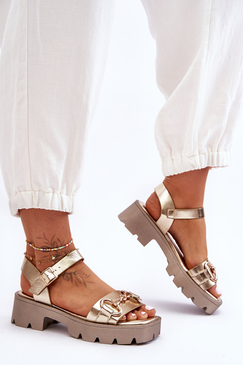 Damskie Skórzane Sandały Z Ozdobą Złote Emori