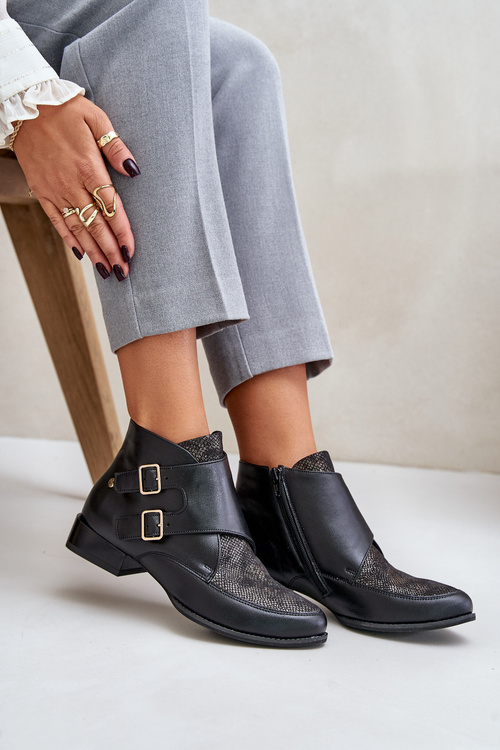 Skórzane Botki Na Niskim Obcasie Z Klamrami Maciejka 06696-01 Czarne